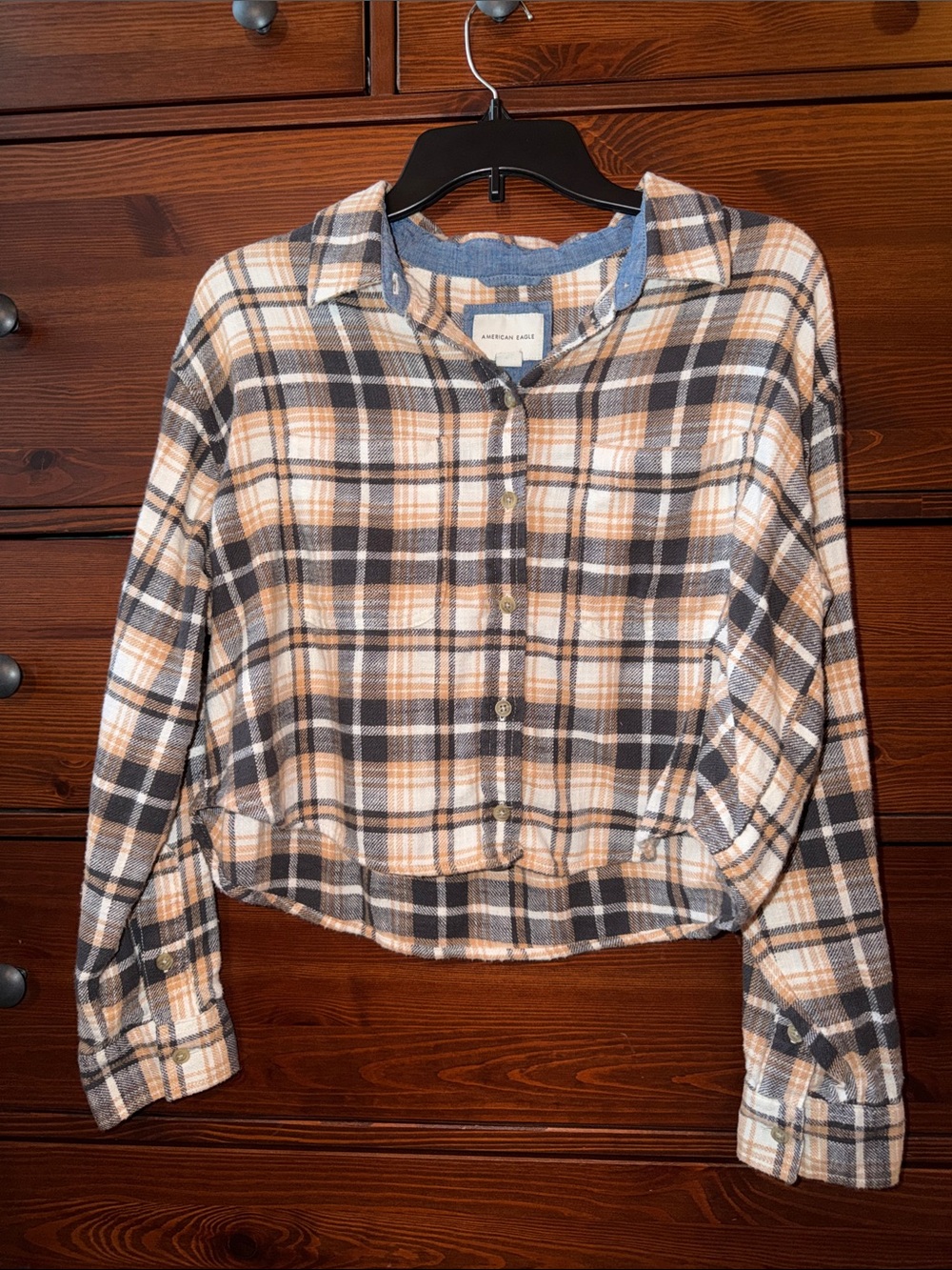 American Eagle Soft Cropped Plaid Flannel Shirt Small Cotton